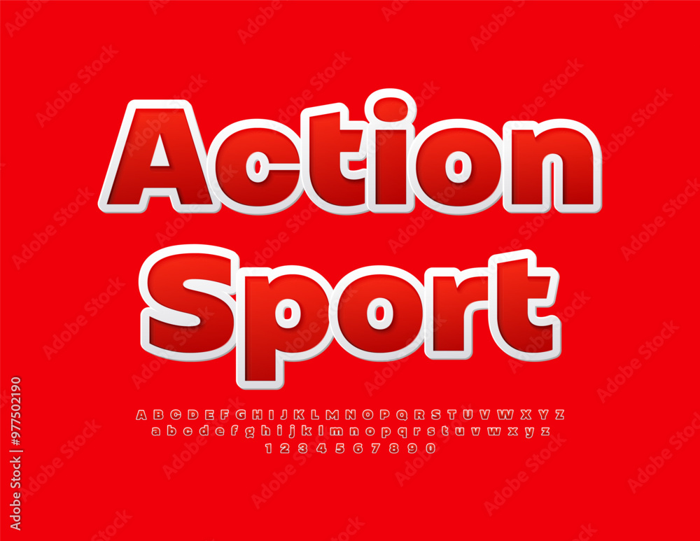 Vector bright poster Action Sport. Red Sticker Font. Trendy Alphabet Letters and Numbers set. Vector bright poster Action Sport. Red Sticker Font. Trendy Alphabet Letters and Numbers set.