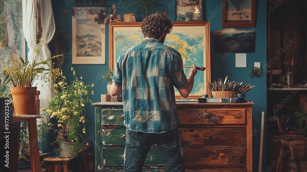 detailed view of a man painting a dresser, illustrating the techniques and tools used in a home renovation project detailed view of a man painting a dresser, illustrating the techniques and tools used in a home renovation project