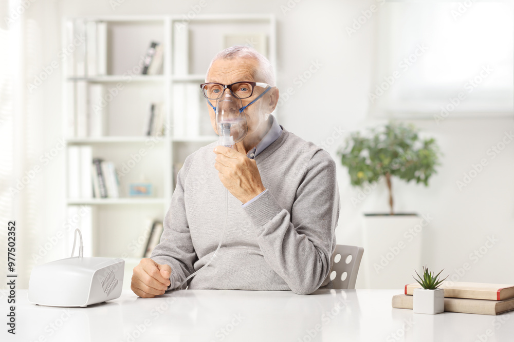 Senior man sitting at home and using a nebulizer Senior man sitting at home and using a nebulizer