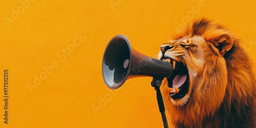 Roaring Lion with Megaphone on Solid Orange Background - Symbol of Power and Communication