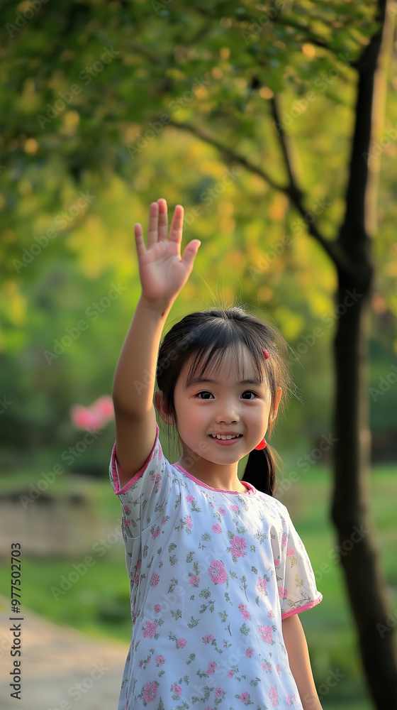 Asian girls waving and smiling in outdoor settings with traditional and casual clothing Asian girls waving and smiling in outdoor settings with traditional and casual clothing