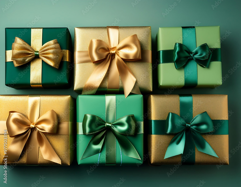gift bows gradient green gold neatly placed wrapped presents gift bows gradient green gold neatly placed wrapped presents