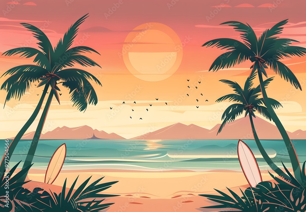 Obraz premium A serene beach scene at sunset with palm trees and surfboards. The sky is painted in warm hues of orange and pink, creating a tranquil and picturesque atmosphere. Perfect for a tropical getaway.