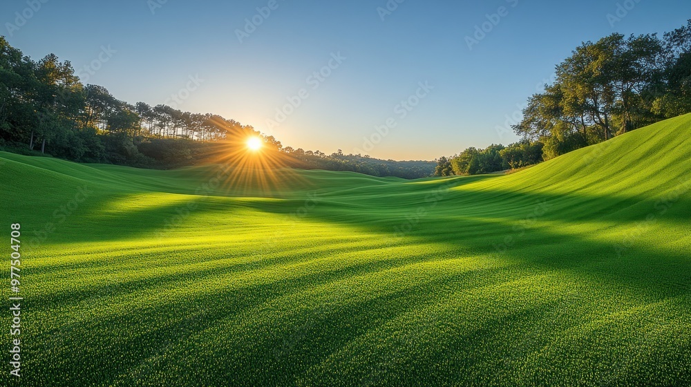 Golden rays break through the trees, illuminating rolling hills of vibrant green grass Golden rays break through the trees, illuminating rolling hills of vibrant green grass