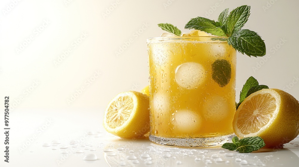 A vibrant drink with ice and mint exudes summer vibes alongside bright lemons A vibrant drink with ice and mint exudes summer vibes alongside bright lemons