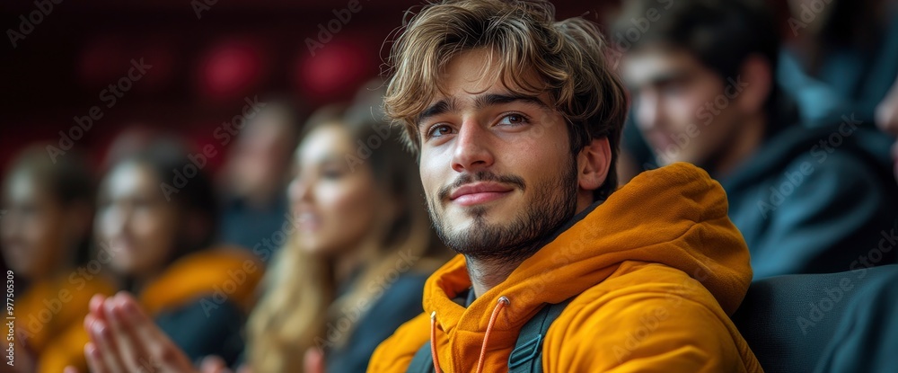 Obraz premium Young Man in a Crowd Looking at the Camera