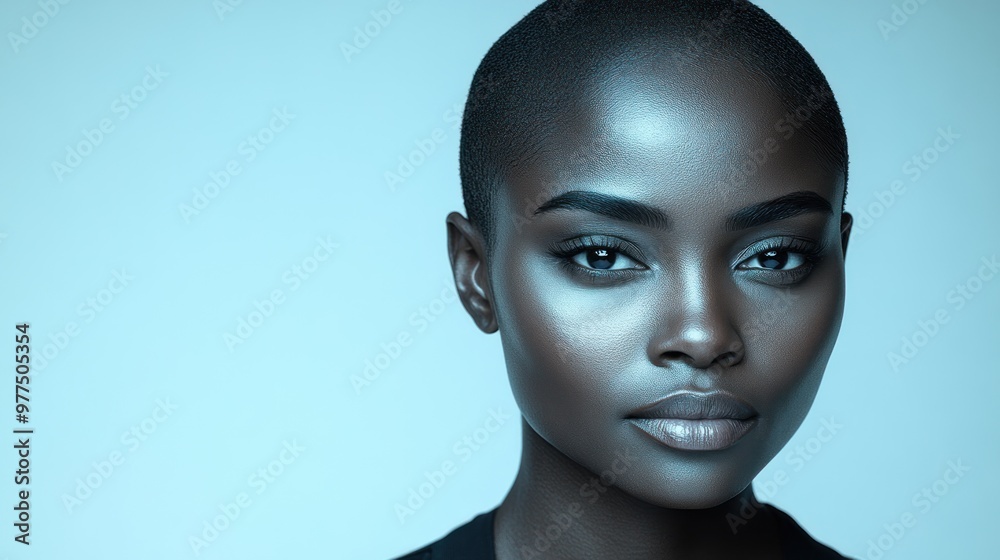 A confident person with a shaved head exudes elegance and strength in soft blue light A confident person with a shaved head exudes elegance and strength in soft blue light
