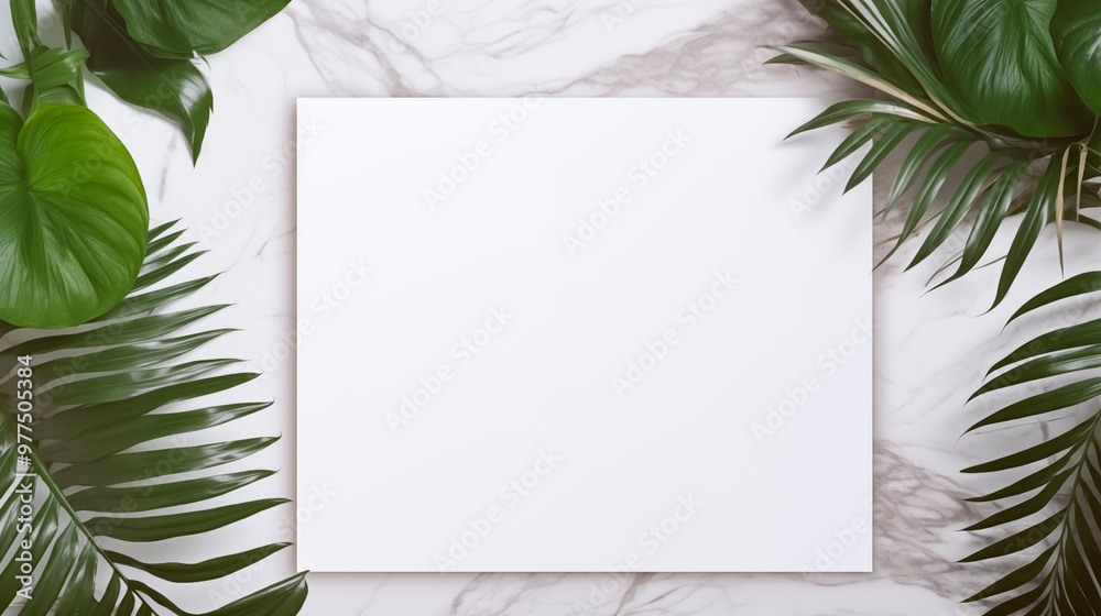 Blank white canvas mockup with tropical leaves on marble background. Large vibrant green foliage template advertising image. Clean white space fresh mock up product photorealistic Blank white canvas mockup with tropical leaves on marble background. Large vibrant green foliage template advertising image. Clean white space fresh mock up product photorealistic