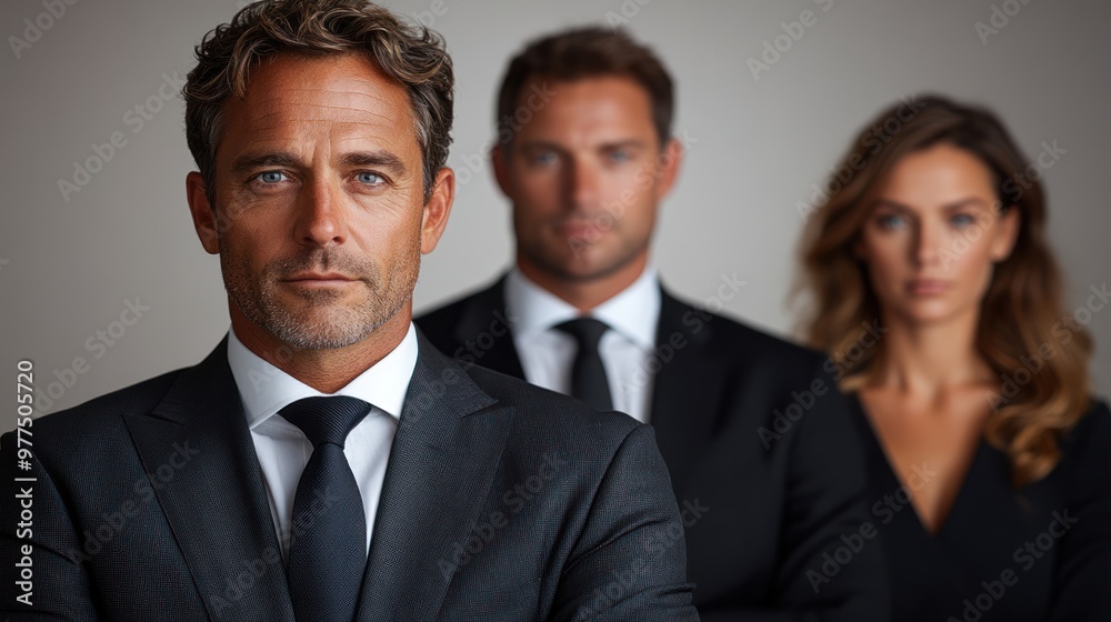 Three poised individuals stand confidently in sleek attire against a neutral backdrop Three poised individuals stand confidently in sleek attire against a neutral backdrop