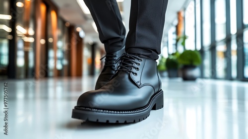 A professional in sleek black shoes confidently walks through a bright office space