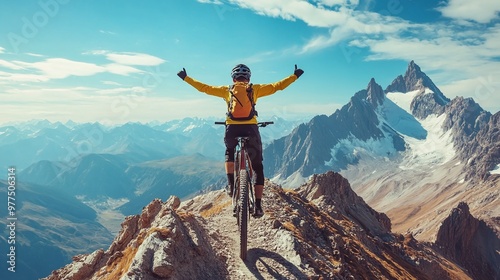 Wallpaper Mural image of a mountain biker triumphantly reaching the summit, illustrating the blend of fitness, adventure, and scenic beauty in outdoor cycling Torontodigital.ca