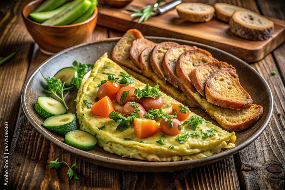 A wholesome start to the day is incomplete without a delicious breakfast featuring a fluffy omelette paired with crispy toast and fresh vegetables- colorful cherry tomatoes, crisp cucumbers. A wholesome start to the day is incomplete without a delicious breakfast featuring a fluffy omelette paired with crispy toast and fresh vegetables- colorful cherry tomatoes, crisp cucumbers.