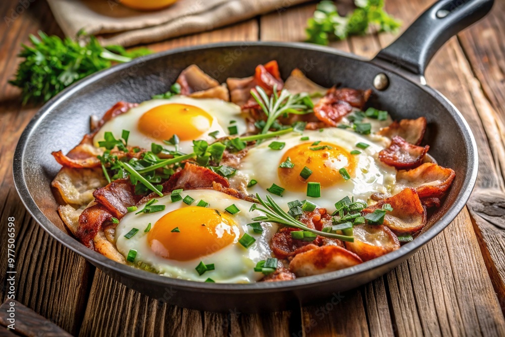 A delightful breakfast of crispy bacon and sunny side up eggs garnished with fresh herbs and served in a rustic pan on a wooden table perfect start to a day A delightful breakfast of crispy bacon and sunny side up eggs garnished with fresh herbs and served in a rustic pan on a wooden table perfect start to a day