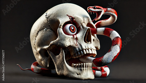 snake crawls out of the eye socket of the skull photo