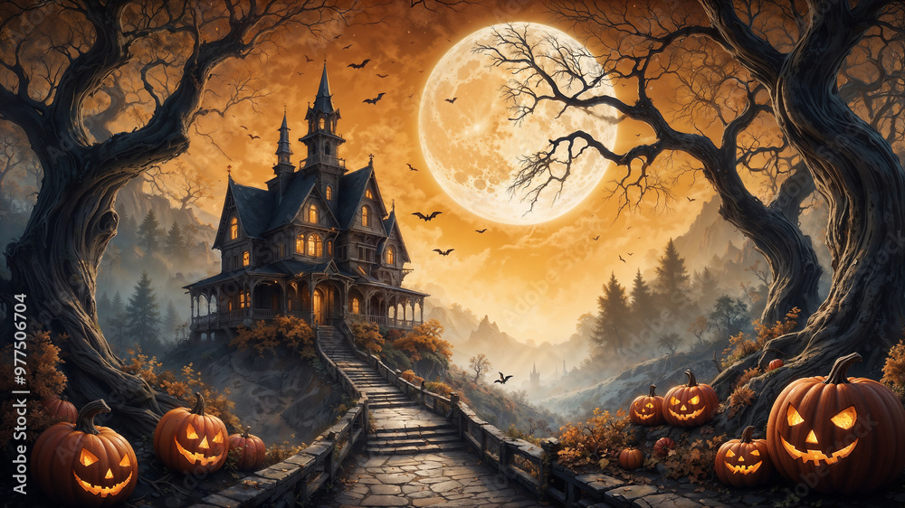 Fototapeta premium Halloween background: with horror house and scary pumpkin