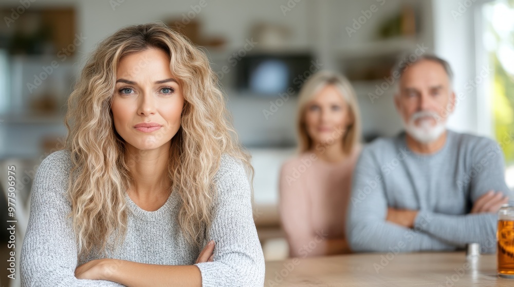 A woman, focused in the foreground, poses seriously with two adults blurred in the background, symbolizing family dynamics and individual identity amidst relationships. A woman, focused in the foreground, poses seriously with two adults blurred in the background, symbolizing family dynamics and individual identity amidst relationships.