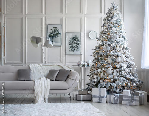 living room white christmas tree silver decorations