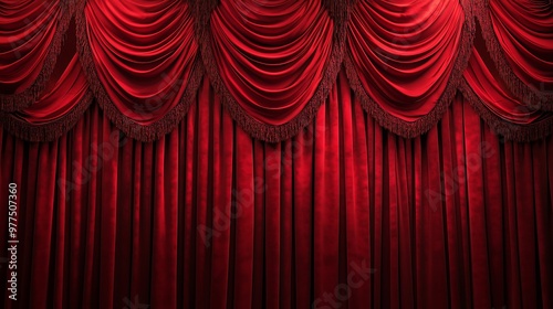 A rich red stage curtain backdrop with heavy, velvety folds that cascade from the top. The curtain creates a theatrical atmosphere.