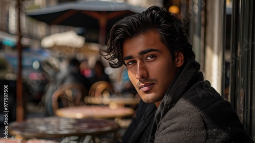 Wallpaper Mural Young man enjoying coffee at a Parisian café in spring Torontodigital.ca