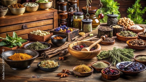 Traditional Chinese medicine concept with dried herbs, acupuncture needles, and other natural remedies arranged on a wooden apothecary table in a serene, earthy-toned setting. photo