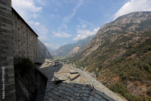 The view of the Valley and the Village of Bard from the Fort of Bard, in the Aosta Valley, Italy.