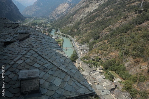 The view of the Valley and the Village of Bard from the Fort of Bard, in the Aosta Valley, Italy.