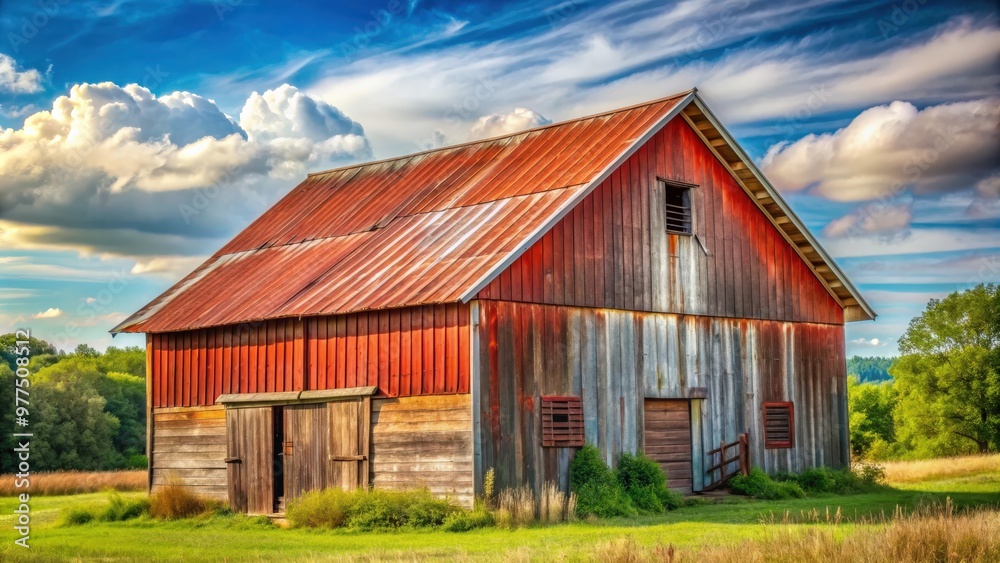 Rustic barn in a countryside setting with red weathered wood and a tin roof Rustic barn in a countryside setting with red weathered wood and a tin roof