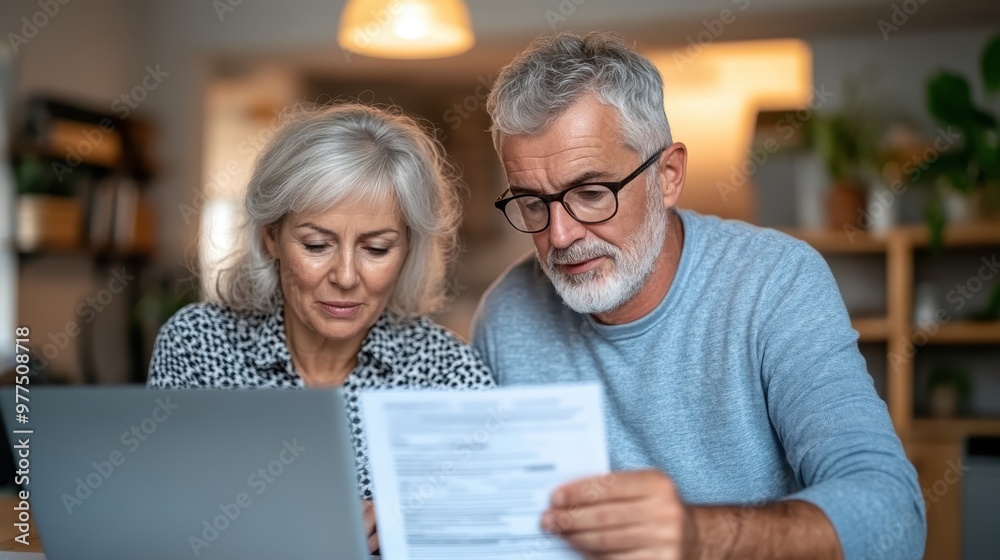 A senior couple is intently going over documents while using a laptop in their bright kitchen, representing focus, trust, and collaboration in a contemporary setting. A senior couple is intently going over documents while using a laptop in their bright kitchen, representing focus, trust, and collaboration in a contemporary setting.