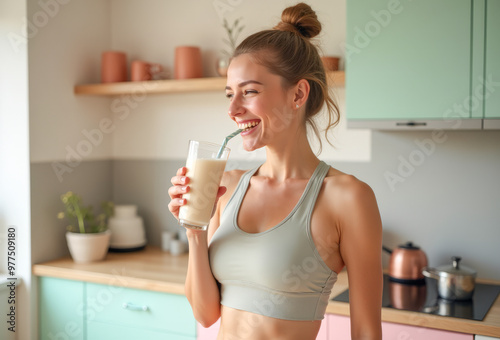 A sporty woman drinks a milkshake and smiles