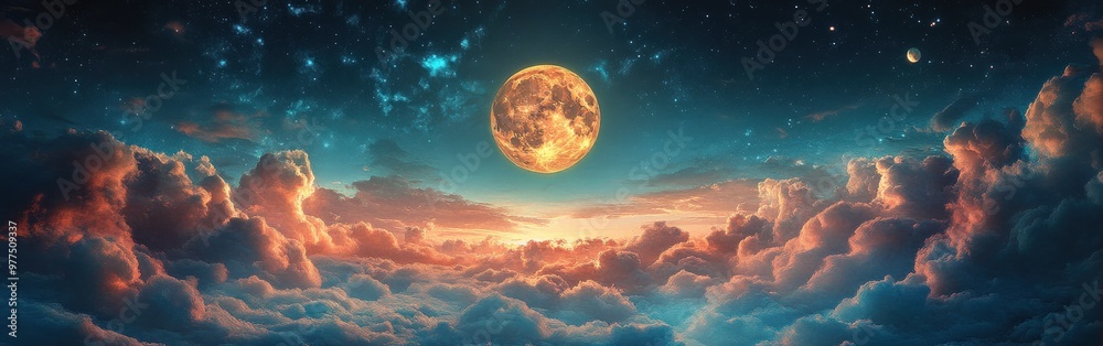 Celestial crystal moon glowing in the night sky Celestial crystal moon glowing in the night sky