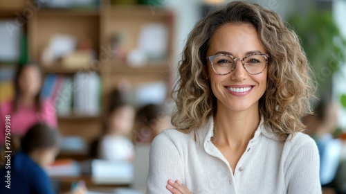 A happy teacher smiling broadly in a vibrant, well-organized classroom, embodying educational success and a positive environment for student growth and development.