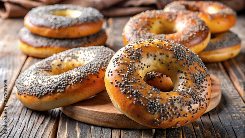 Fresh bagels with poppy seeds on a wooden table Fresh bagels with poppy seeds on a wooden table