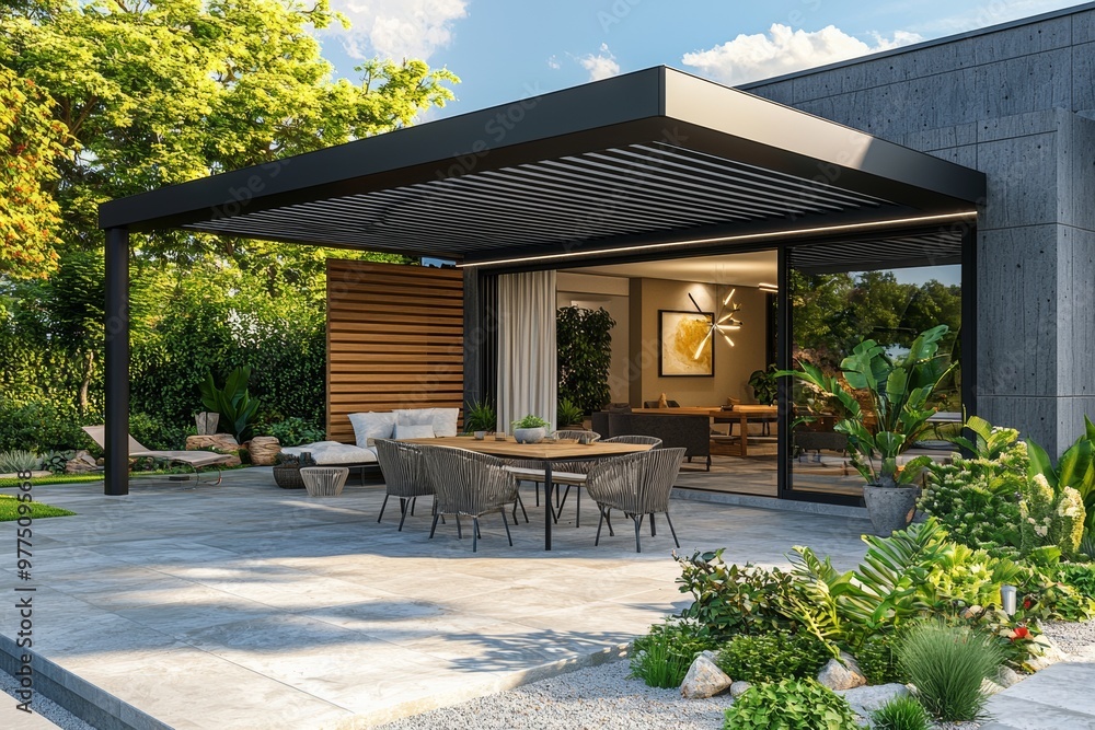 This is a modern outdoor patio with a pergola. It is created using stock. This is a modern outdoor patio with a pergola. It is created using stock.