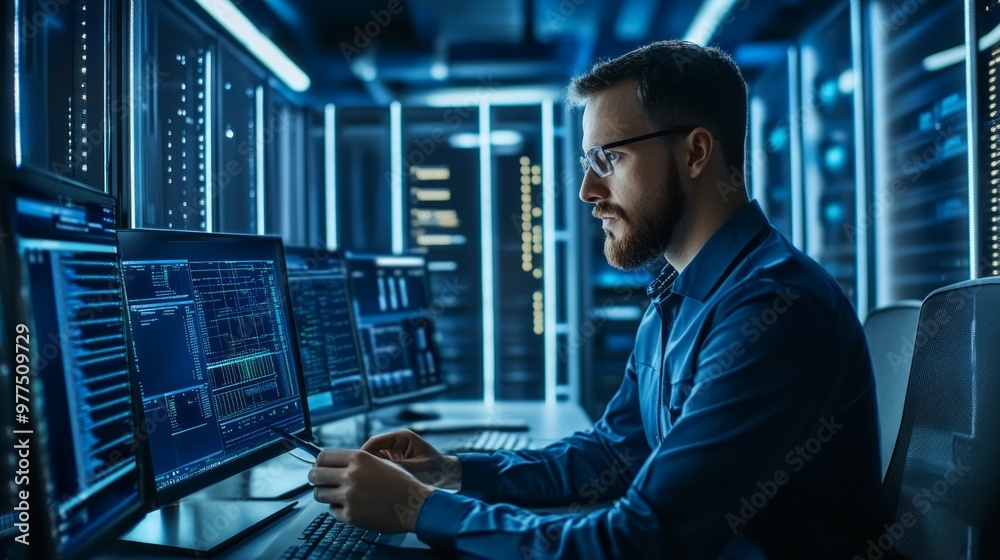 Young system administrator. Data Center Manager. Storage work In information processing. Young system administrator. Data Center Manager. Storage work In information processing.