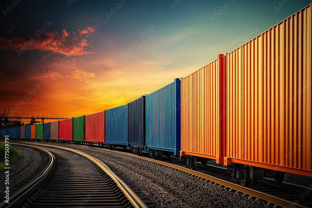 Colorful Cargo Containers on Train Track at Sunset Colorful Cargo Containers on Train Track at Sunset