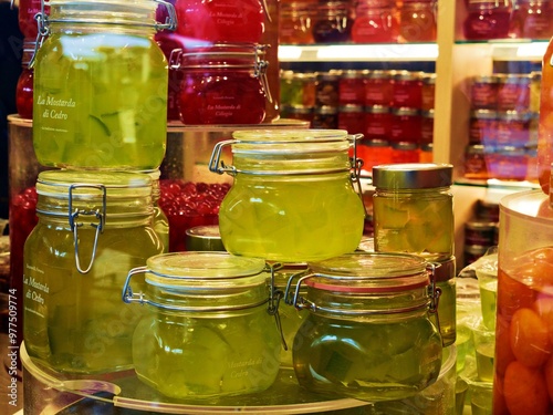 close up of jars of fruit mustard handcrafted by a bakery in Mantua, Italy photo