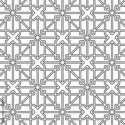 Seamless black and white geometric pattern consisting of connected and intersecting lines. Suitable for various creative projects or decorative elements.