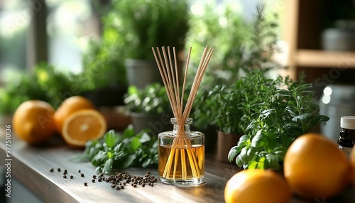 Reed Diffuser with a Fresh Herb Scent in a Stylish Kitchen Herb Garden, reed diffuser alongside fresh herbs in a modern kitchen garden, aroma reed diffuser