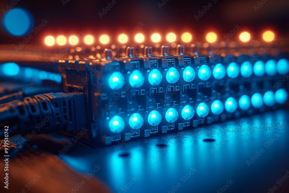 Network switch and ethernet cables in data center. Data center hardware. Network servers in data room. Fiber Optic cables connected to an optic ports in data center Network switch and ethernet cables in data center. Data center hardware. Network servers in data room. Fiber Optic cables connected to an optic ports in data center