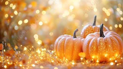 Autumn Pumpkin Decor with Warm Lights for Festive Background
