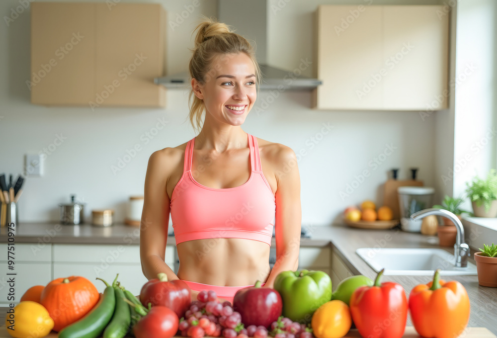 athletic woman smiling in the kitchen vegetables fruits athletic woman smiling in the kitchen vegetables fruits