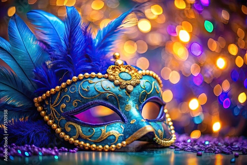 Vibrant blue Mardi Gras mask with intricate gold and purple details, feathers, and sequins, set against a soft, blurred background of festive colors.