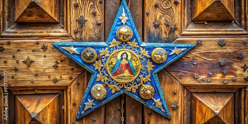 Vibrant blue star adorned with orthodox icons and ornate gold filigree, suspended above a rustic wooden door, evoking a sense of traditional holiday celebration. photo