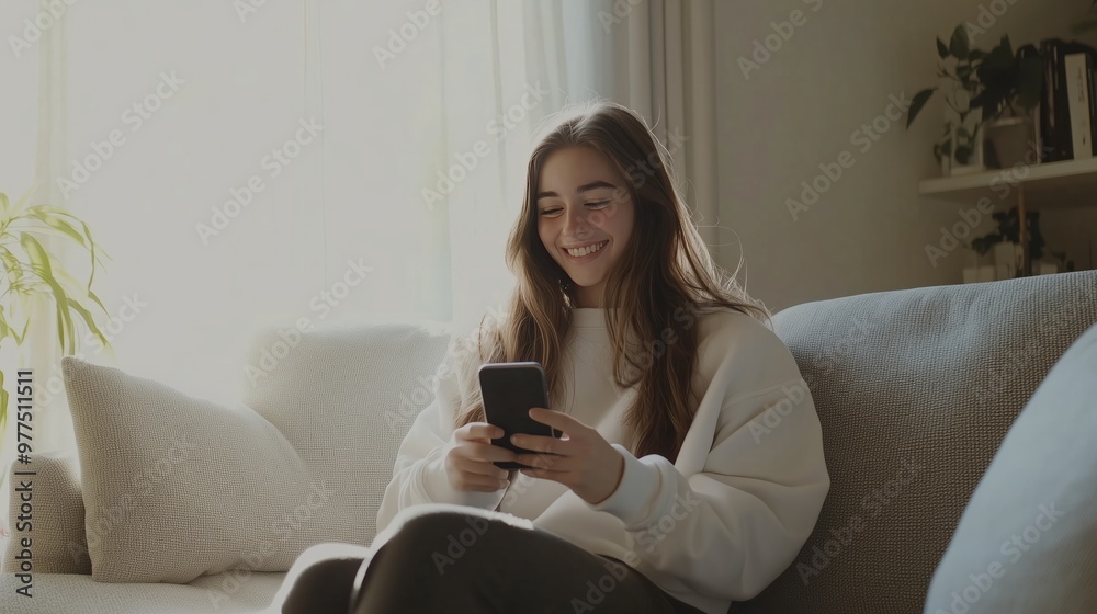 Smiling woman using a smartphone while sitting on a sofa at home Smiling woman using a smartphone while sitting on a sofa at home
