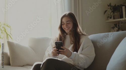 Smiling woman using a smartphone while sitting on a sofa at home