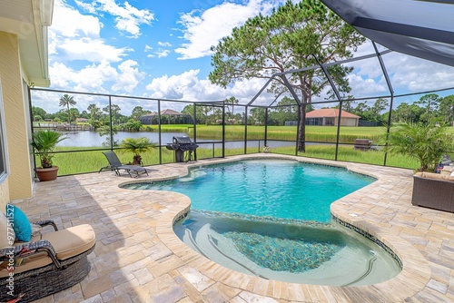 In the clean, modern villa with screened lanai and private pool overlooking tropical lake in Florida there is blue water and the pool is surrounded by glass