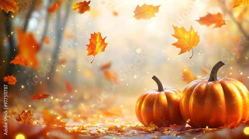 Autumn Pumpkins & Falling Leaves - Thanksgiving Background