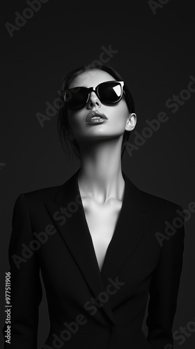 Black-and-white photograph of an elegant woman wearing sunglasses