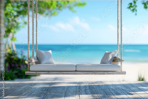 A luxury house veranda with generative stock and a beach view.