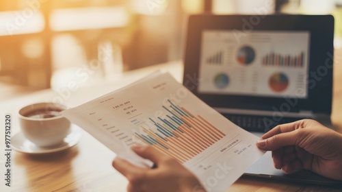 Photo of hands holding and pointing at financial charts on paper